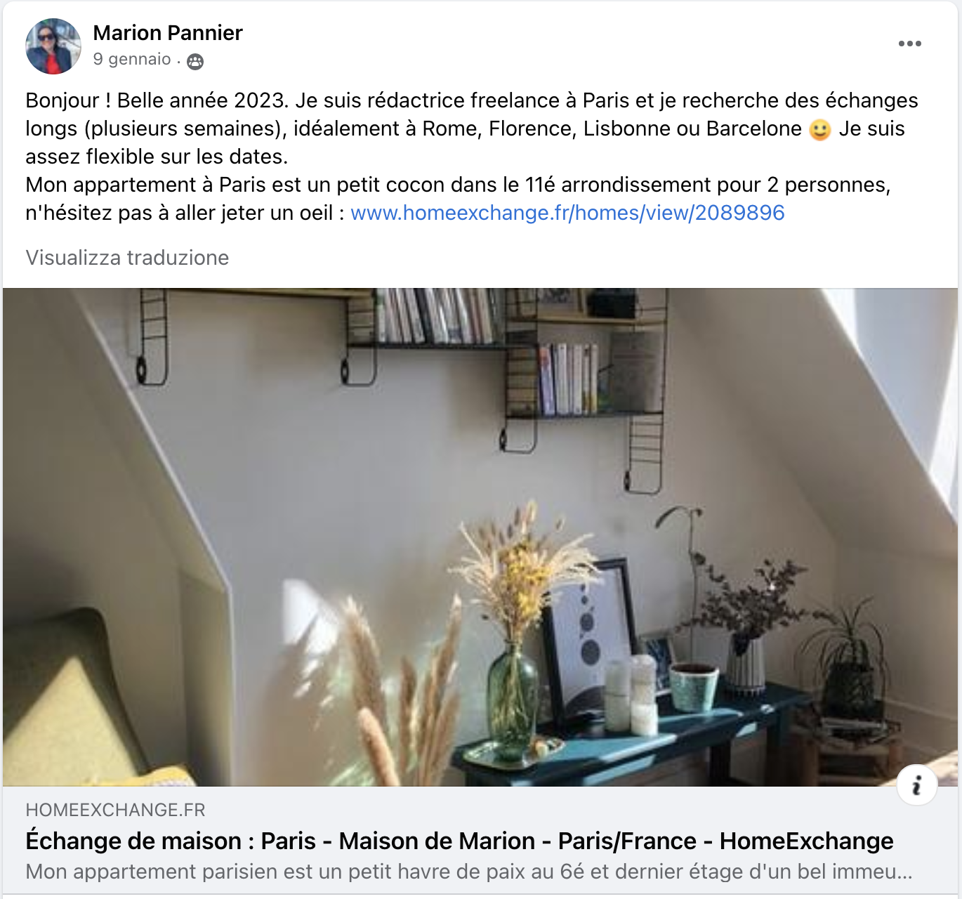 screenshot dal gruppo Facebook scambio casa: la casa di Marion a Parigi