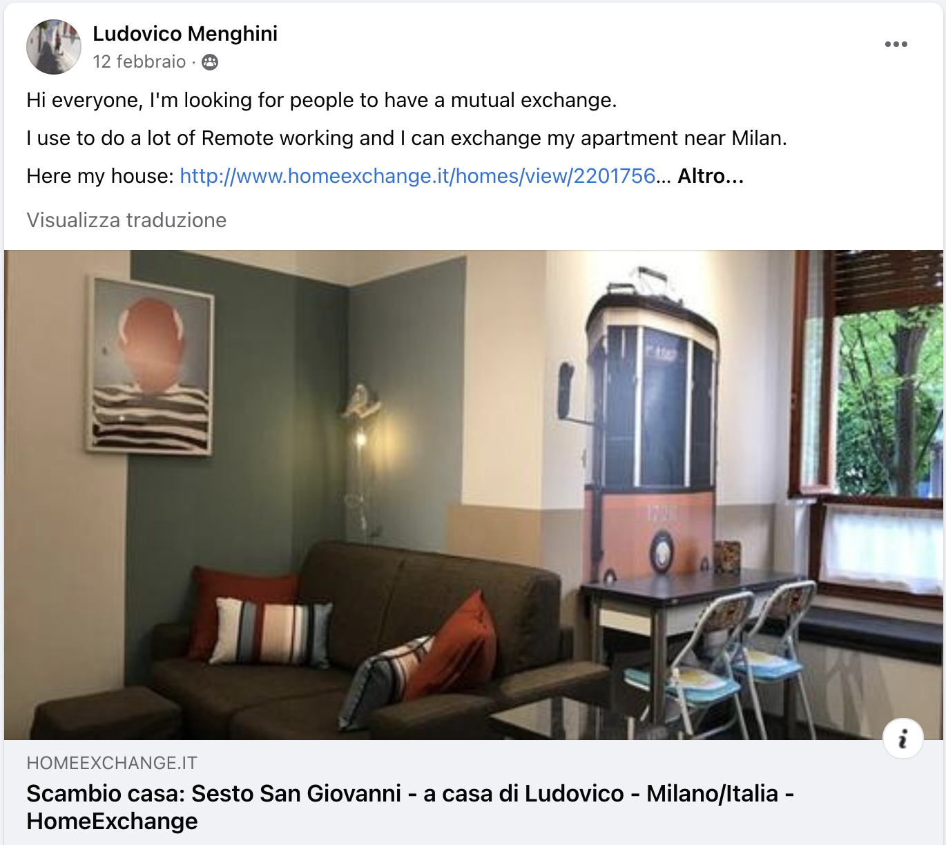 screenshot dal gruppo Facebook di HomeExchange: la casa di Ludovico a Mailno